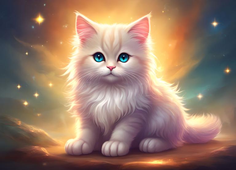 ファンタジーアート,ファンタジーアート, 動物, 猫, 人間がいない, 青い目, 動物の焦点, 視聴者を見ている, 空, 猫, ソロ, 現実的な, 全身, 動物, 座っている, サイン, 星（空）