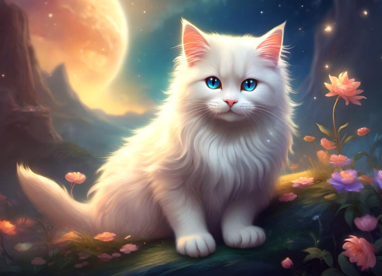 Fantasy Art,Fantasy Art, Animal, cat, no humans, flower, blue eyes, moon, cat, animal focus, sky, night