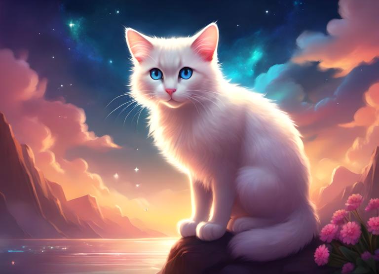 Fantasy Art,Fantasy Art, Animal, cat, no humans, flower, sky, blue eyes, star (sky), cat, outdoors, animal