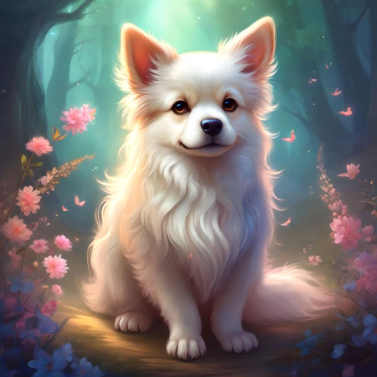 Fantasy Art,Fantasy Art, Animal, dog, no humans, flower, nature, forest, tree, realistic, animal focus