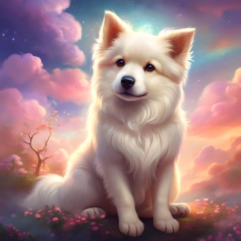 ファンタジーアート,ファンタジーアート, 動物, 犬, 人間がいない, 空, 雲, 犬, 花, 動物の焦点, 星（空）, 現実的な, 屋外, 曇り空, 木, 草, 透かし, 星空, 視聴者を見ている, 動物, 全身