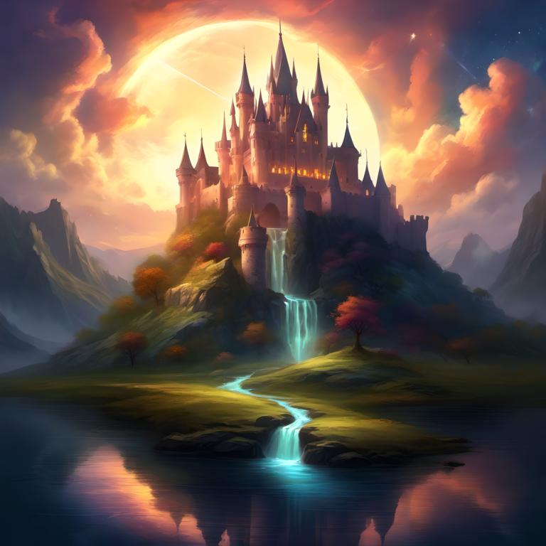 Fantasy-Kunst,Fantasy-Kunst, Schloss, Schloss, Landschaft, keine Menschen, Wasserfall, Wolke, Schloss, Mond