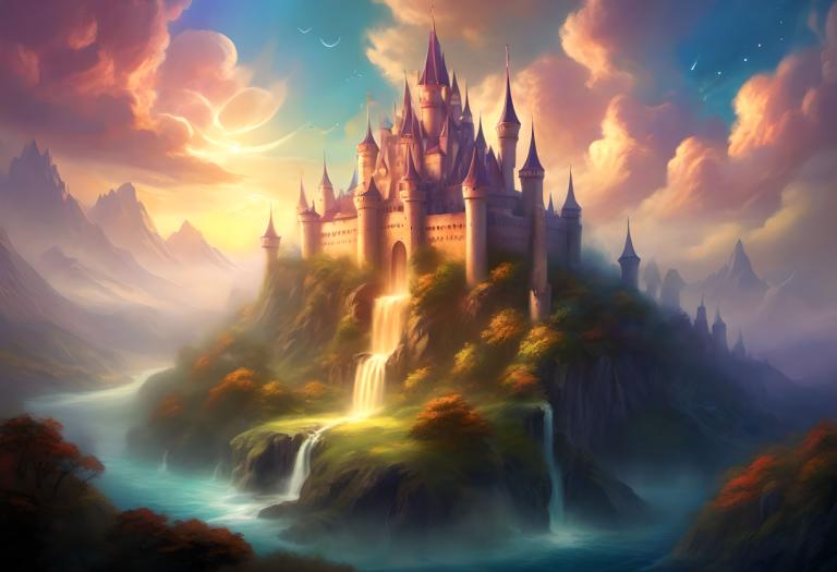 Fantasy Art,Fantasy Art, Castle, castle, scenery, no humans, waterfall, castle, sky, cloud, mountain