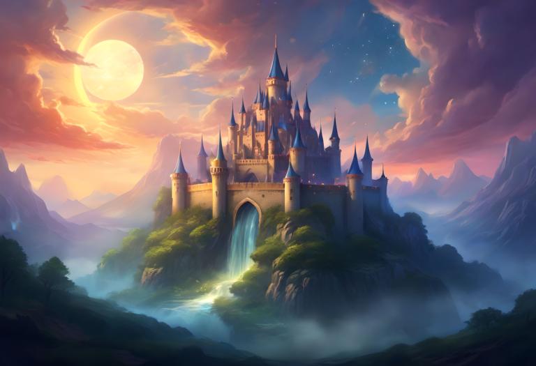 Fantasy Art,Fantasy Art, Castle, castle, scenery, no humans, cloud, moon, sky, waterfall, castle, mountain