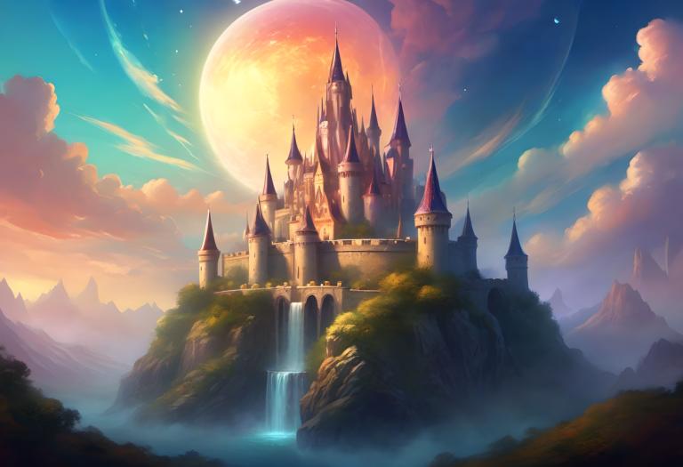 Fantasy Art,Fantasy Art, Castle, castle, scenery, waterfall, no humans, castle, sky, cloud, moon, outdoors