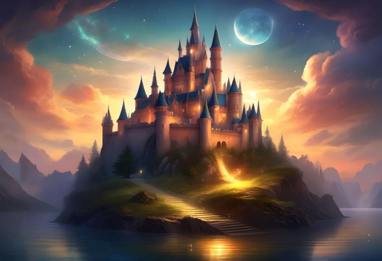 Fantasy Art,Fantasy Art, Castle, castle, no humans, scenery, sky, moon, cloud, star (sky), tree, water