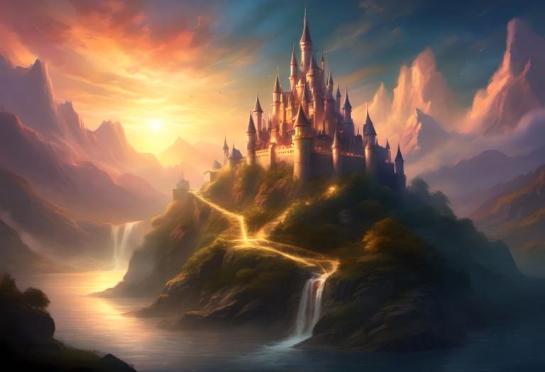 Fantasy Art,Fantasy Art, Castle, castle, scenery, no humans, waterfall, mountain, castle, sky, water, cloud