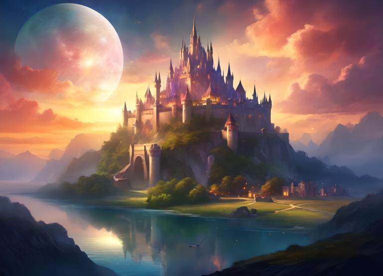 Fantasy Art,Fantasy Art, Castle, castle, scenery, moon, cloud, sky, castle, no humans, outdoors, water, tree