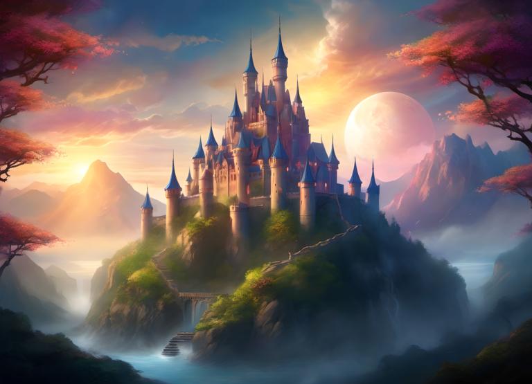 Fantasy Art,Fantasy Art, Castle, castle, scenery, no humans, tree, castle, mountain, cloud, sky, outdoors