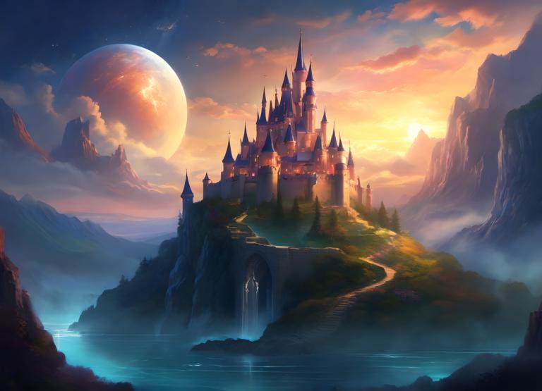 Fantasy Art,Fantasy Art, Castle, castle, scenery, no humans, cloud, sky, castle, waterfall, mountain, moon