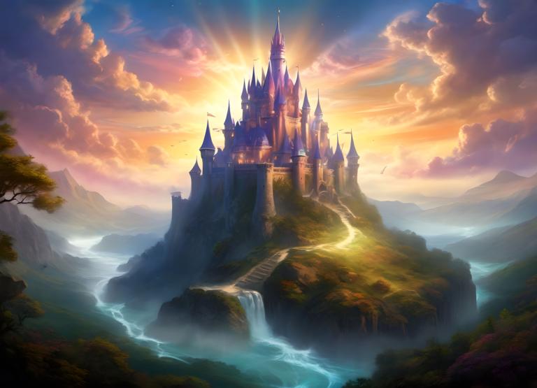 Fantasy-Kunst,Fantasy-Kunst, Schloss, Schloss, Landschaft, keine Menschen, Wolke, Baum, Wasserfall, Himmel