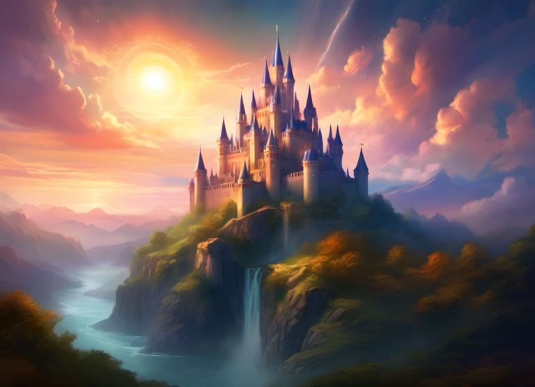 Fantasy Art,Fantasy Art, Castle, castle, scenery, no humans, cloud, castle, sky, waterfall, outdoors, sun