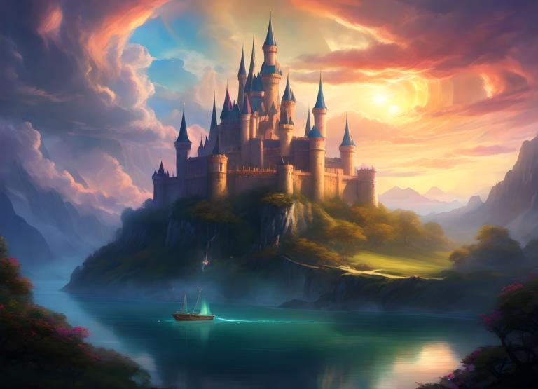 Fantasy Art,Fantasy Art, Castle, castle, scenery, cloud, no humans, castle, sky, outdoors, tree, watercraft