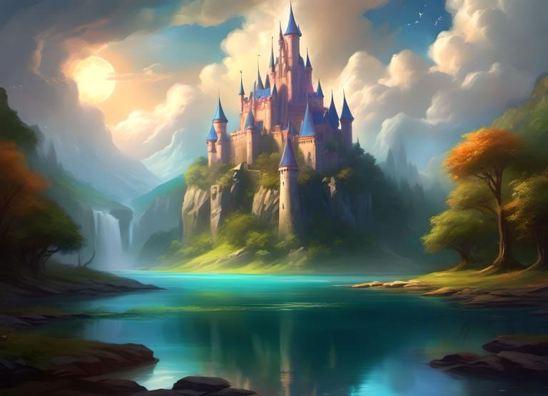 Fantasy Art,Fantasy Art, Castle, castle, no humans, scenery, tree, cloud, castle, sky, outdoors, water