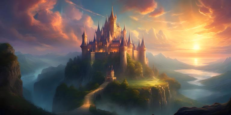 Fantasy Art,Fantasy Art, Castle, castle, scenery, no humans, cloud, mountain, sky, castle, outdoors, sunset