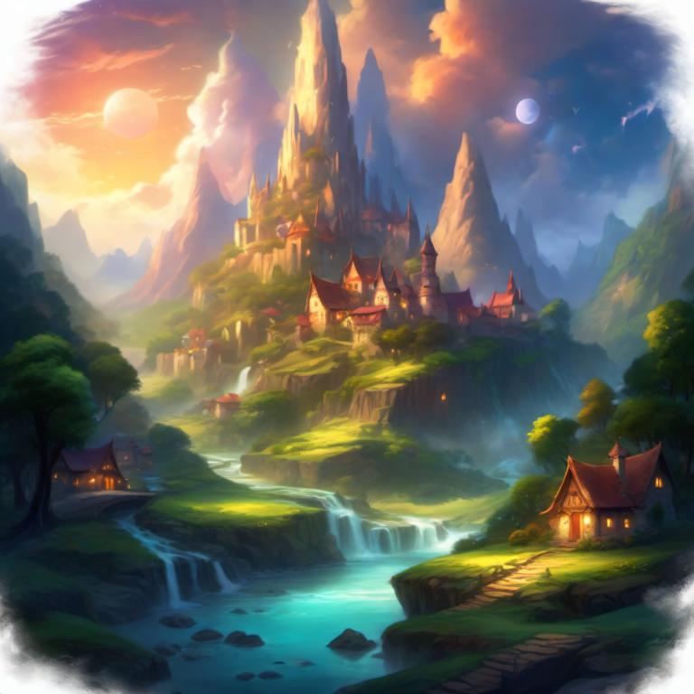 Fantasy Art,Fantasy Art, Village, village, scenery, no humans, cloud, waterfall, tree, mountain, water, sky