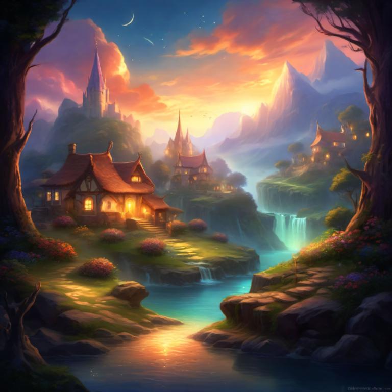 Fantasy Art,Fantasy Art, Village, village, no humans, scenery, tree, sky, water, waterfall, outdoors, moon