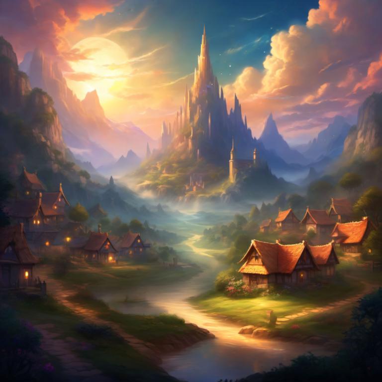 Fantasy Art,Fantasy Art, Village, village, scenery, cloud, no humans, sky, outdoors, mountain, tree, water