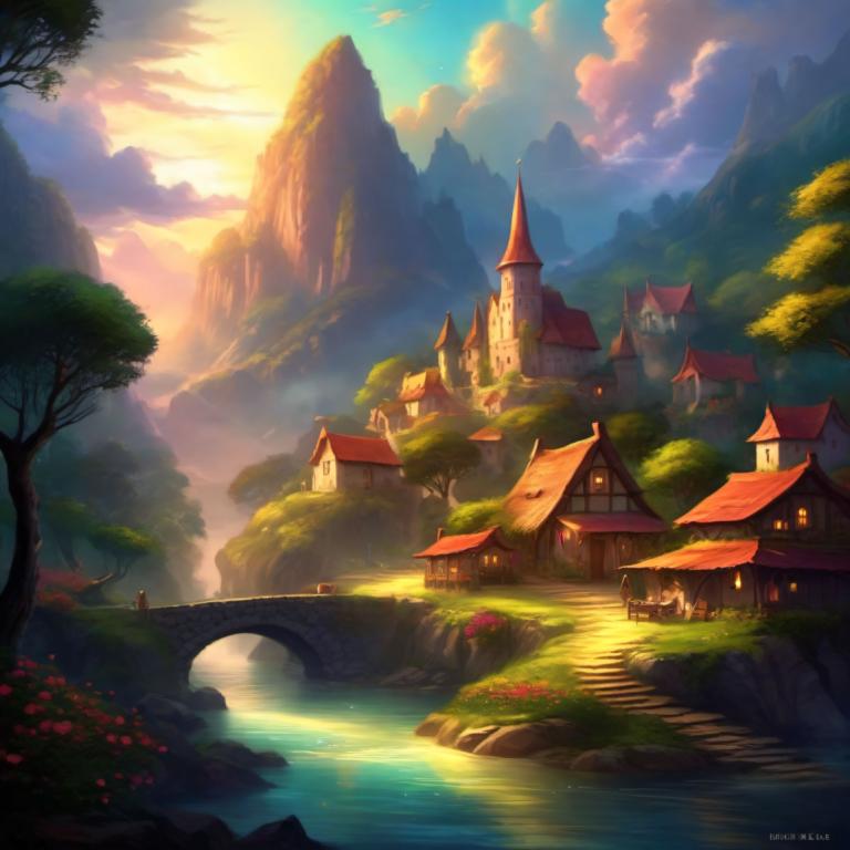 Fantasy Art,Fantasy Art, Village, village, tree, scenery, cloud, sky, outdoors, no humans, water, mountain