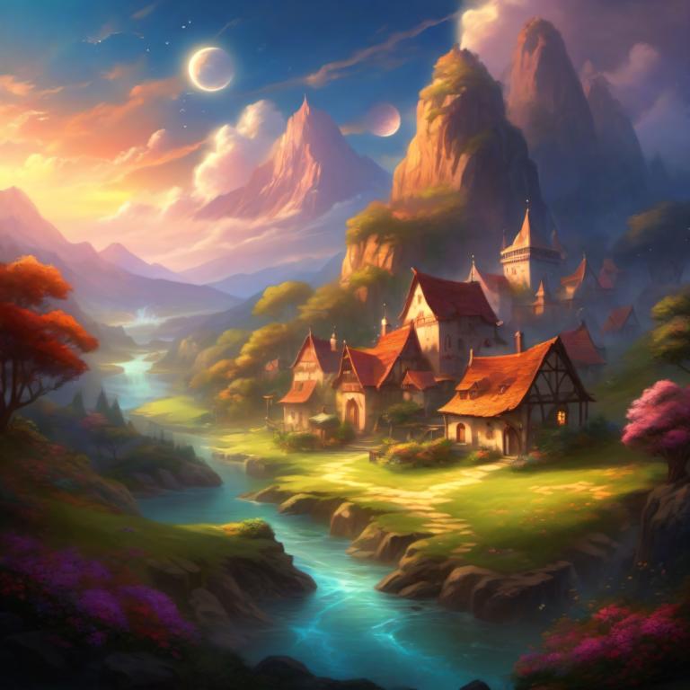 Fantasy Art,Fantasy Art, Village, village, scenery, no humans, sky, tree, outdoors, moon, cloud, mountain