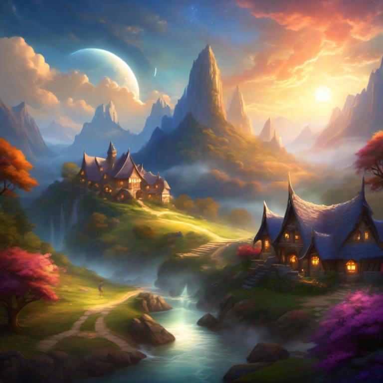 Fantasy Art,Fantasy Art, Village, village, scenery, tree, mountain, sky, cloud, no humans, moon, outdoors