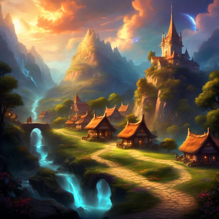 Fantasy Art,Fantasy Art, Village, village, scenery, tree, cloud, sky, outdoors, mountain, fantasy, castle