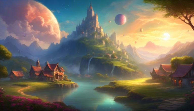 Fantasy Art,Fantasy Art, Village, village, scenery, no humans, tree, sky, cloud, outdoors, moon, castle