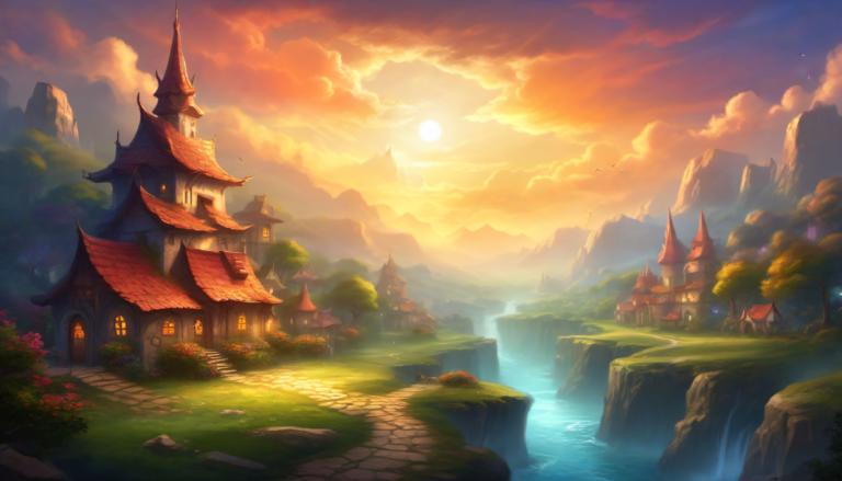 Fantasy Art,Fantasy Art, Village, village, scenery, no humans, cloud, sky, outdoors, water, mountain, sun