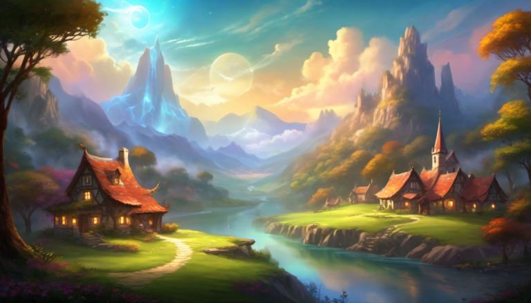 Fantasy Art,Fantasy Art, Village, village, scenery, tree, cloud, sky, no humans, outdoors, mountain, moon