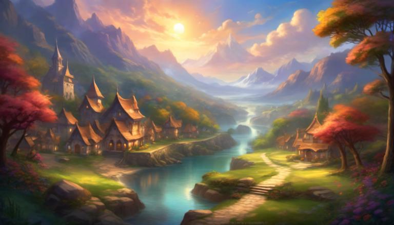 Fantasy Art,Fantasy Art, Village, village, scenery, tree, no humans, mountain, cloud, outdoors, sky, sun