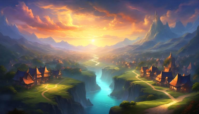 Fantasy Art,Fantasy Art, Village, village, scenery, no humans, cloud, mountain, sky, outdoors, water, sunset