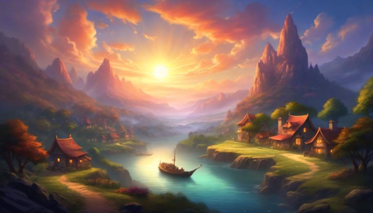 Fantasy Art,Fantasy Art, Village, village, scenery, cloud, watercraft, mountain, tree, boat, sky, outdoors