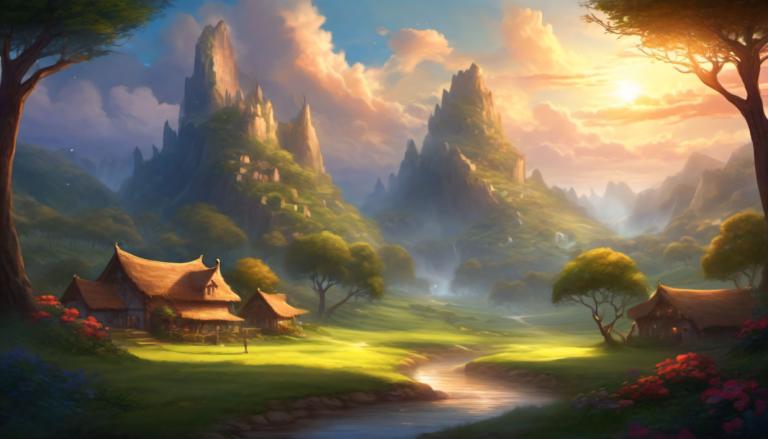 Fantasy Art,Fantasy Art, Village, village, scenery, tree, cloud, outdoors, sky, no humans, mountain, flower