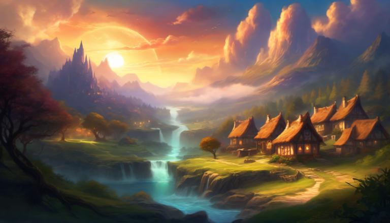 Fantasy Art,Fantasy Art, Village, village, scenery, tree, cloud, no humans, outdoors, sky, water, mountain