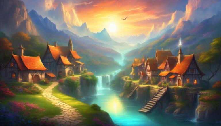 Fantasy Art,Fantasy Art, Village, village, scenery, no humans, water, outdoors, cloud, stairs, tree, mountain