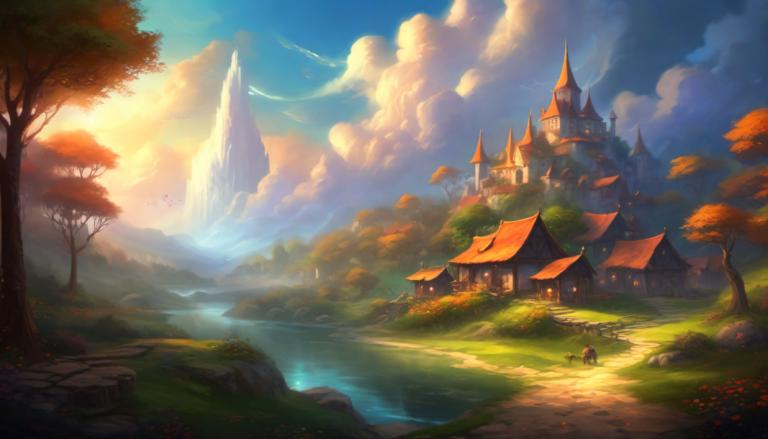 Fantasy Art,Fantasy Art, Village, village, tree, scenery, cloud, outdoors, sky, castle, grass, water