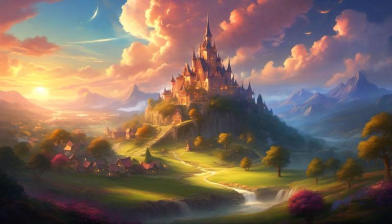 Fantasy Art,Fantasy Art, Village, village, scenery, cloud, tree, sky, outdoors, no humans, mountain, castle