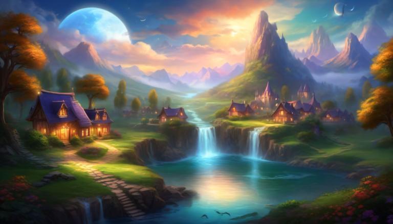 Fantasy Art,Fantasy Art, Village, village, no humans, scenery, waterfall, moon, tree, cloud, water, sky