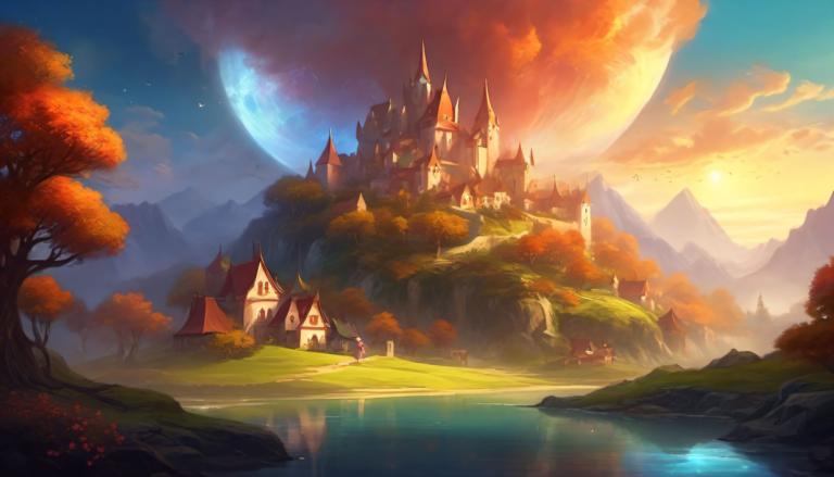 Fantasy Art,Fantasy Art, Village, village, scenery, tree, castle, no humans, sky, outdoors, cloud, mountain