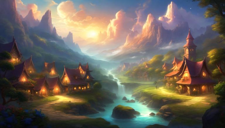 Fantasy Art,Fantasy Art, Village, village, scenery, no humans, cloud, sky, mountain, tree, outdoors, water