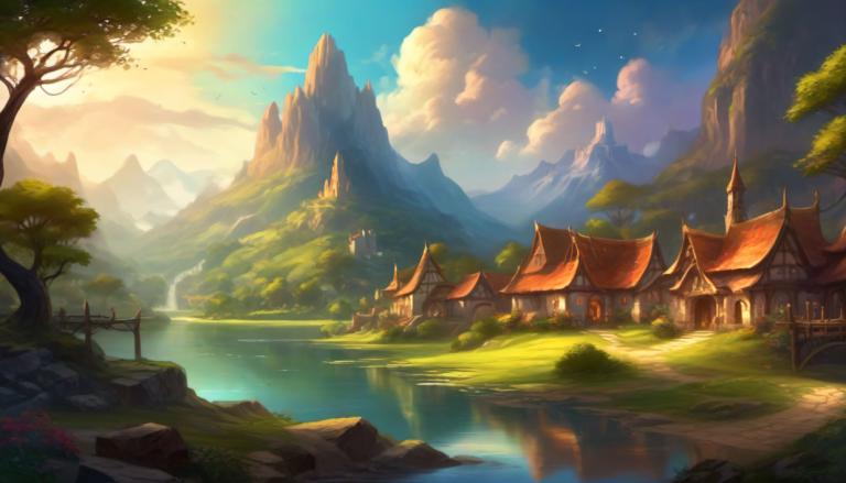 Fantasy Art,Fantasy Art, Village, village, scenery, no humans, tree, outdoors, cloud, sky, mountain, water