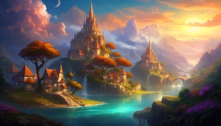 Fantasy Art,Fantasy Art, Village, village, scenery, no humans, tree, cloud, sky, outdoors, castle, mountain