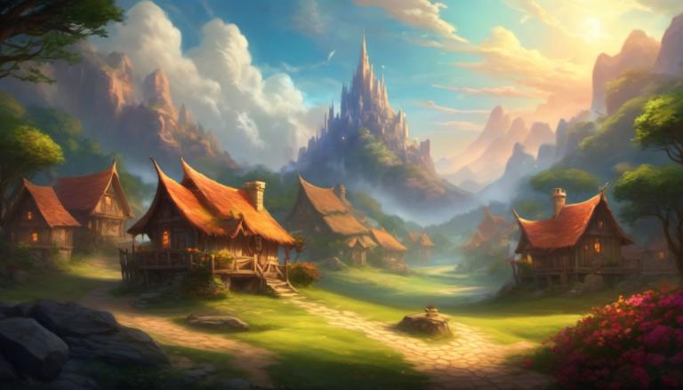 Fantasy Art,Fantasy Art, Village, village, scenery, no humans, tree, cloud, outdoors, sky, mountain, grass