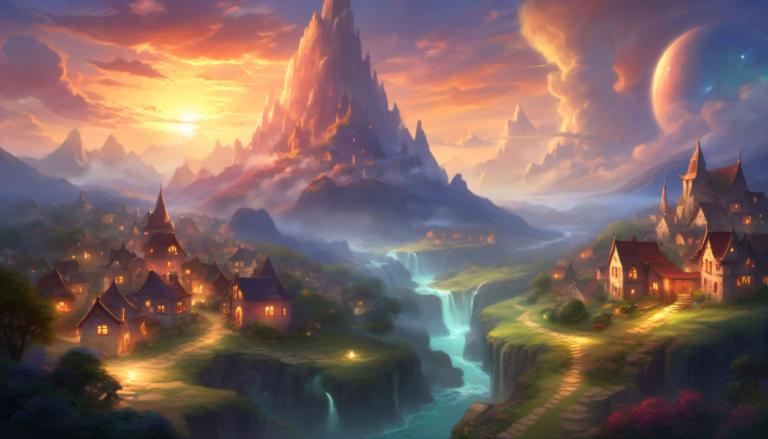 Fantasy Art,Fantasy Art, Village, village, scenery, no humans, cloud, waterfall, sky, mountain, outdoors