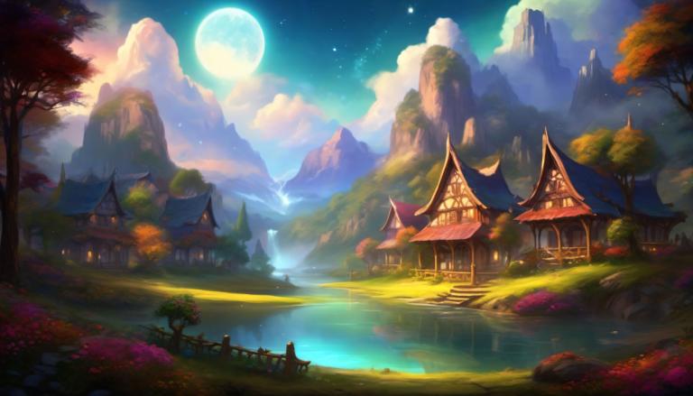 Fantasy Art,Fantasy Art, Village, village, moon, scenery, tree, sky, outdoors, mountain, full moon, cloud