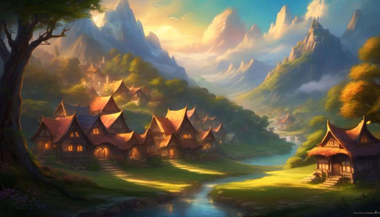 Fantasy Art,Fantasy Art, Village, village, scenery, no humans, tree, outdoors, sky, cloud, mountain, house