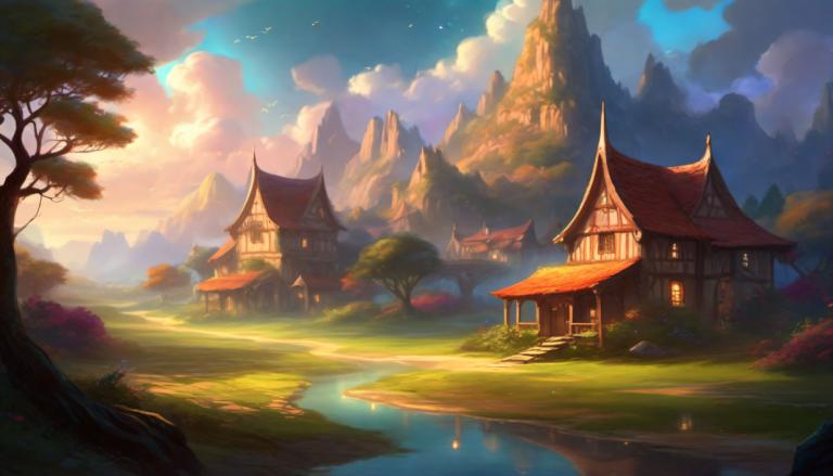 Fantasy Art,Fantasy Art, Village, village, scenery, tree, no humans, outdoors, cloud, sky, mountain, grass