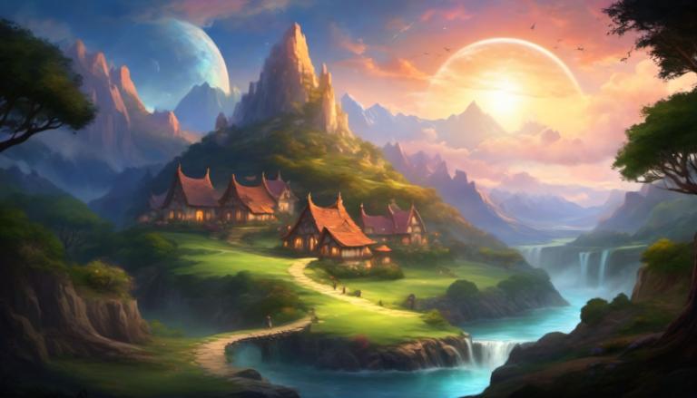 Fantasy Art,Fantasy Art, Village, village, scenery, tree, no humans, mountain, outdoors, sky, cloud, moon