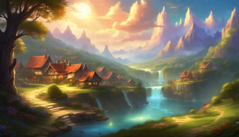 Fantasy Art,Fantasy Art, Village, village, scenery, no humans, tree, cloud, outdoors, mountain, sky, water