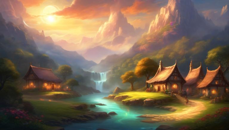 Fantasy Art,Fantasy Art, Village, village, no humans, scenery, tree, waterfall, cloud, water, outdoors